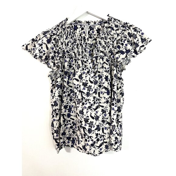 BY ANTHROPOLOGIE Blue V-Neck Floral Cream Cotton Ruffle Sleeve Size M - Picture 2 of 6